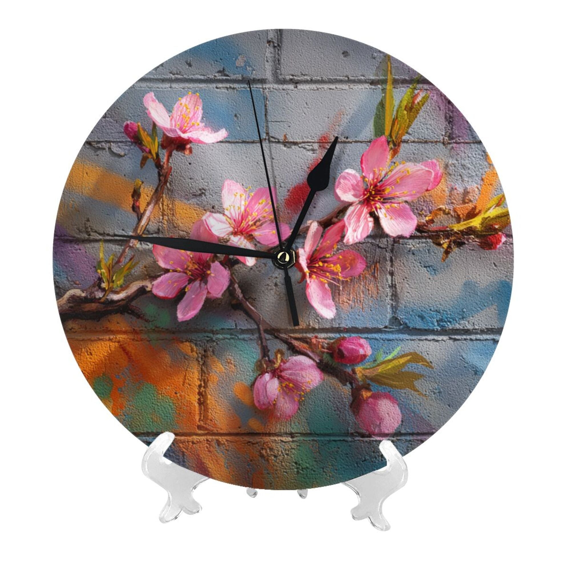 Street Graffiti Peach Blossom Round Wall Clock - Creative Art Clock, Trendy Home Decor Wall Ornament