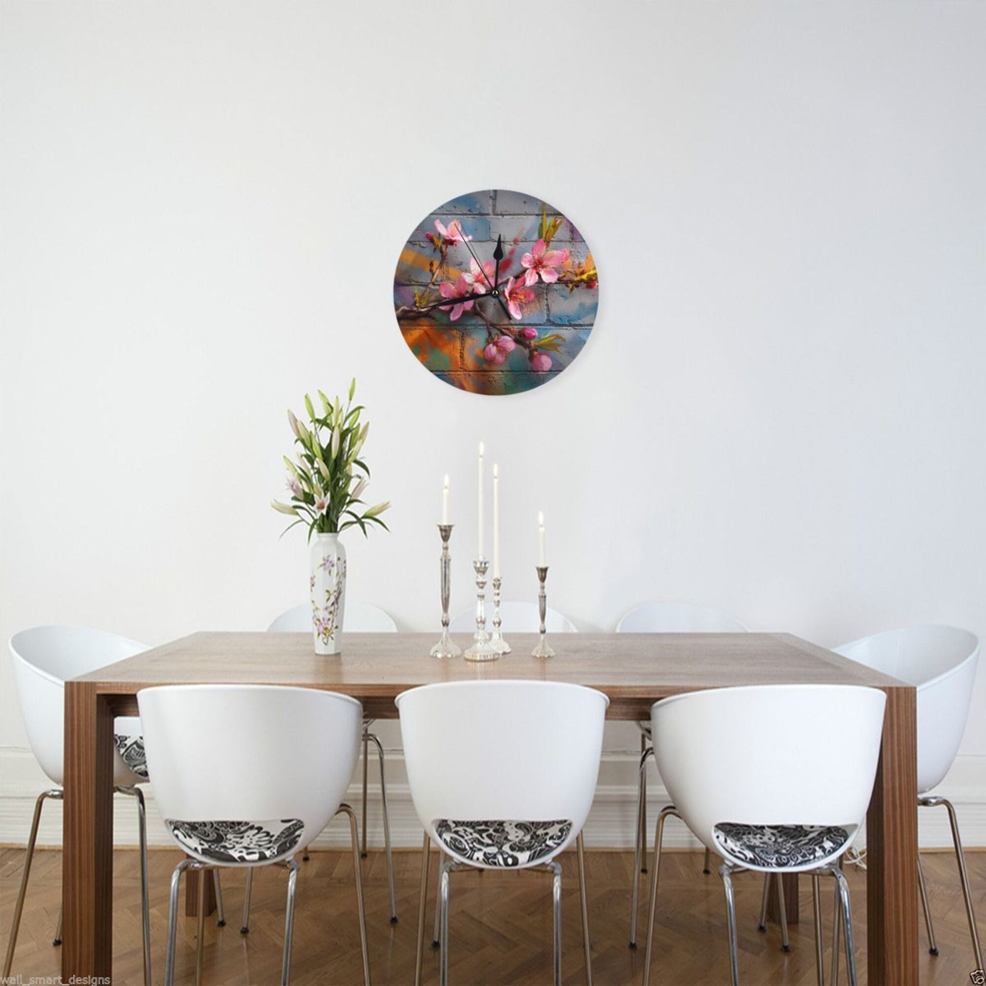 Street Graffiti Peach Blossom Round Wall Clock - Creative Art Clock, Trendy Home Decor Wall Ornament
