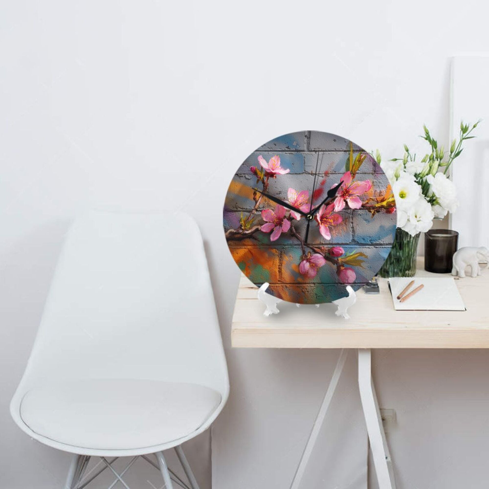 Street Graffiti Peach Blossom Round Wall Clock - Creative Art Clock, Trendy Home Decor Wall Ornament