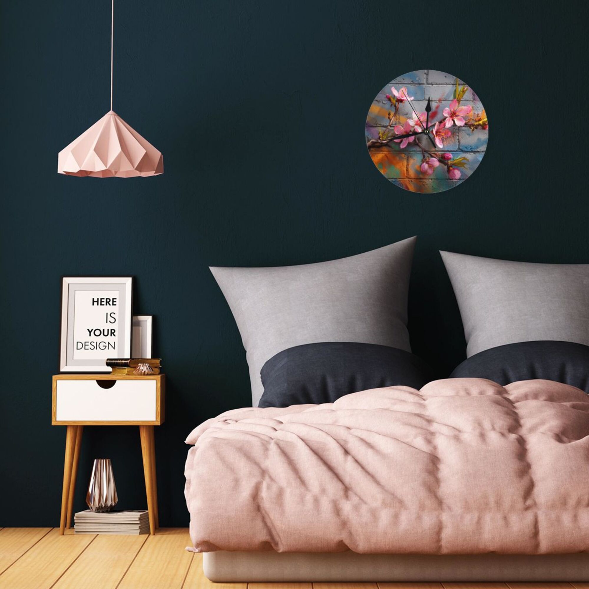 Street Graffiti Peach Blossom Round Wall Clock - Creative Art Clock, Trendy Home Decor Wall Ornament