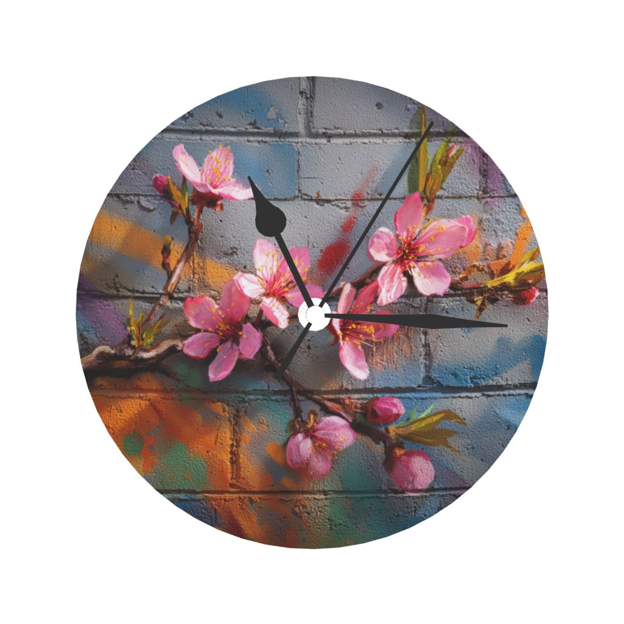 Street Graffiti Peach Blossom Round Wall Clock - Creative Art Clock, Trendy Home Decor Wall Ornament