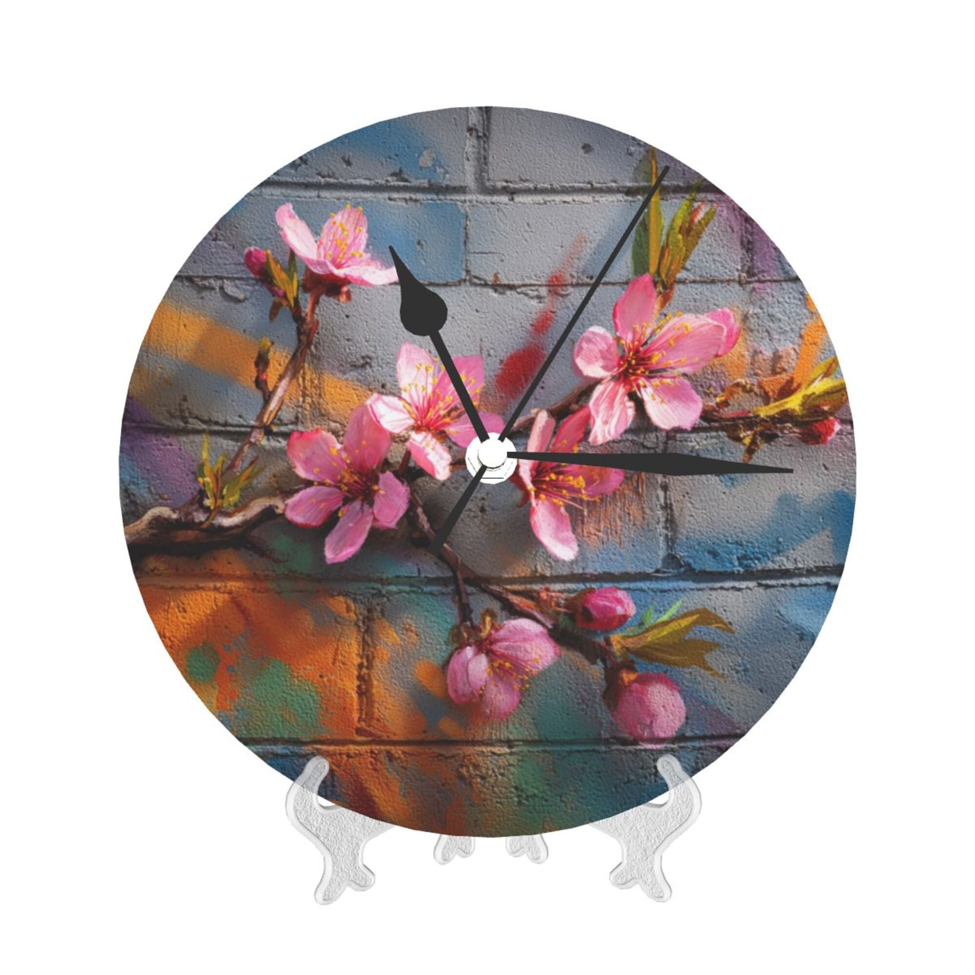 Street Graffiti Peach Blossom Round Wall Clock - Creative Art Clock, Trendy Home Decor Wall Ornament