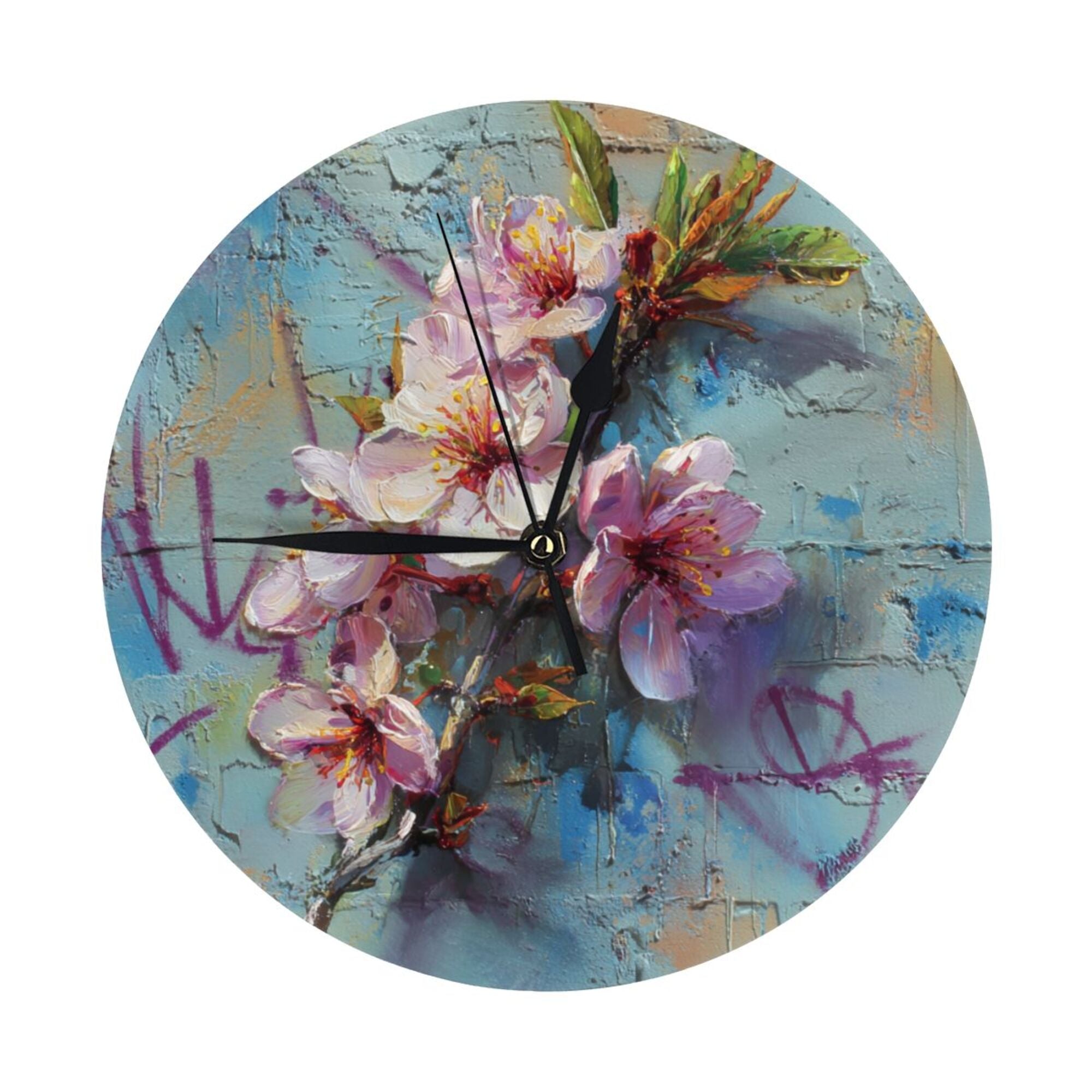 Artistic Hand - painted Peach Blossom Graffiti Round Wall Clock - Creative Home Decor Clock, Art Wall Ornament