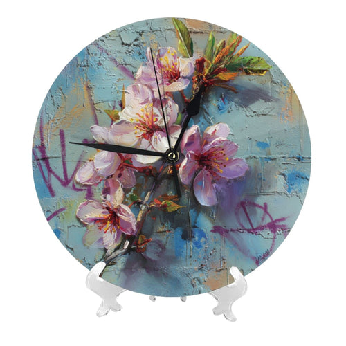 Artistic Hand - painted Peach Blossom Graffiti Round Wall Clock - Creative Home Decor Clock, Art Wall Ornament