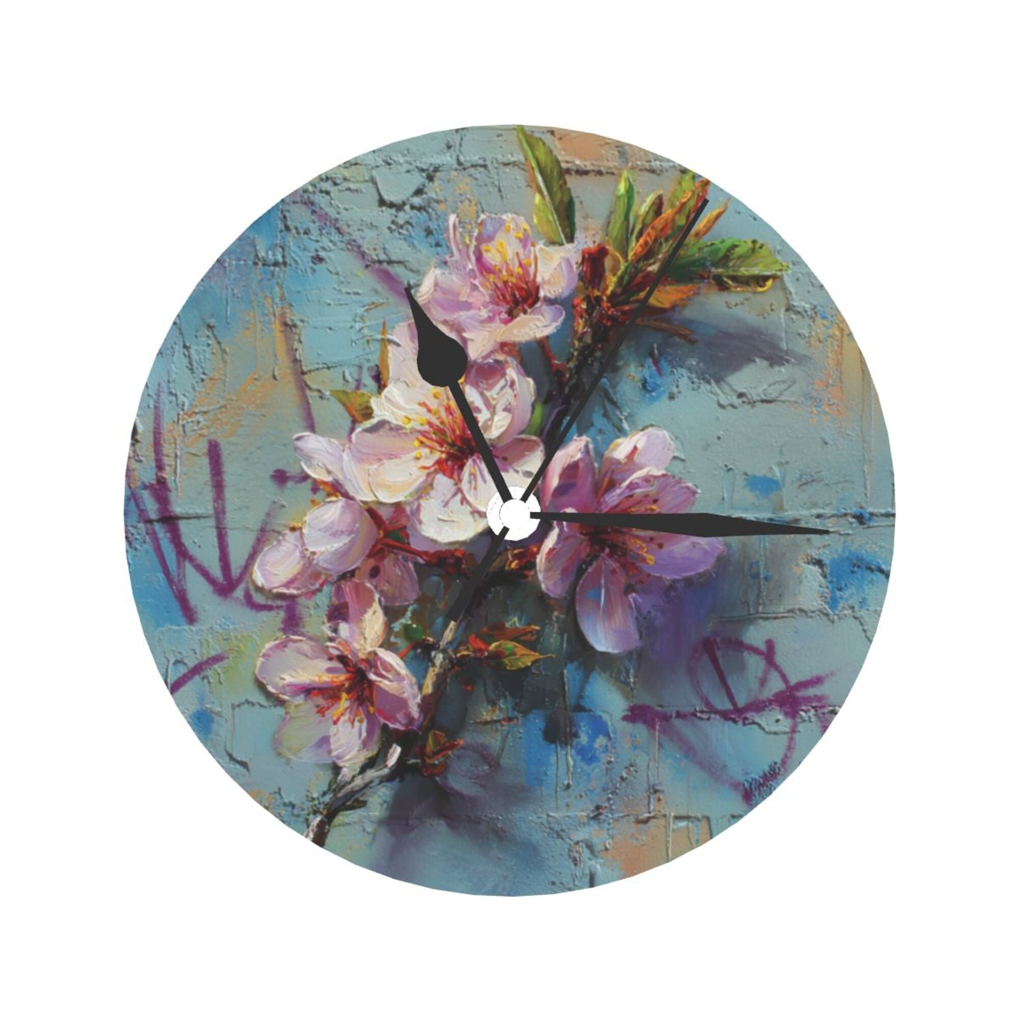 Artistic Hand - painted Peach Blossom Graffiti Round Wall Clock - Creative Home Decor Clock, Art Wall Ornament