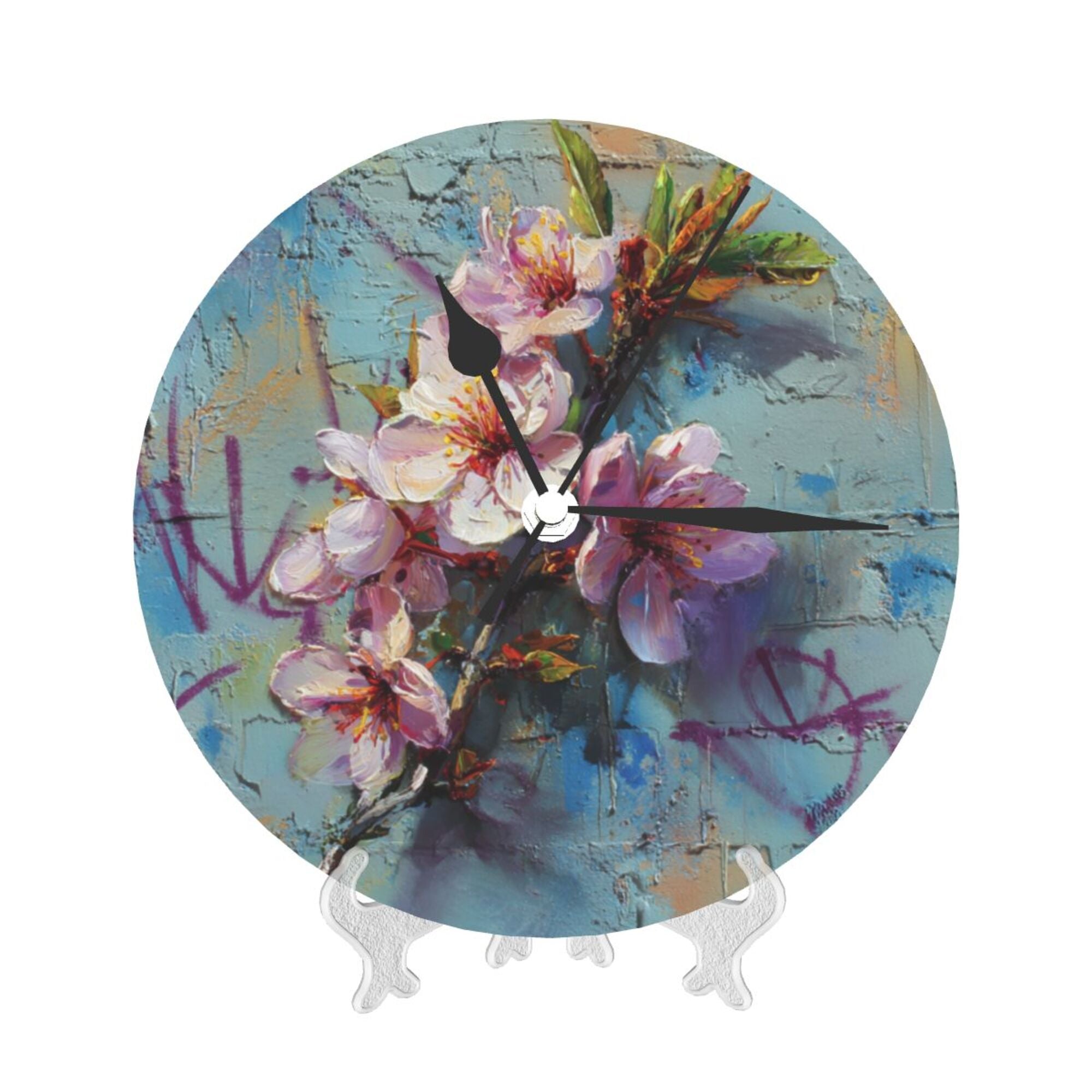 Artistic Hand - painted Peach Blossom Graffiti Round Wall Clock - Creative Home Decor Clock, Art Wall Ornament