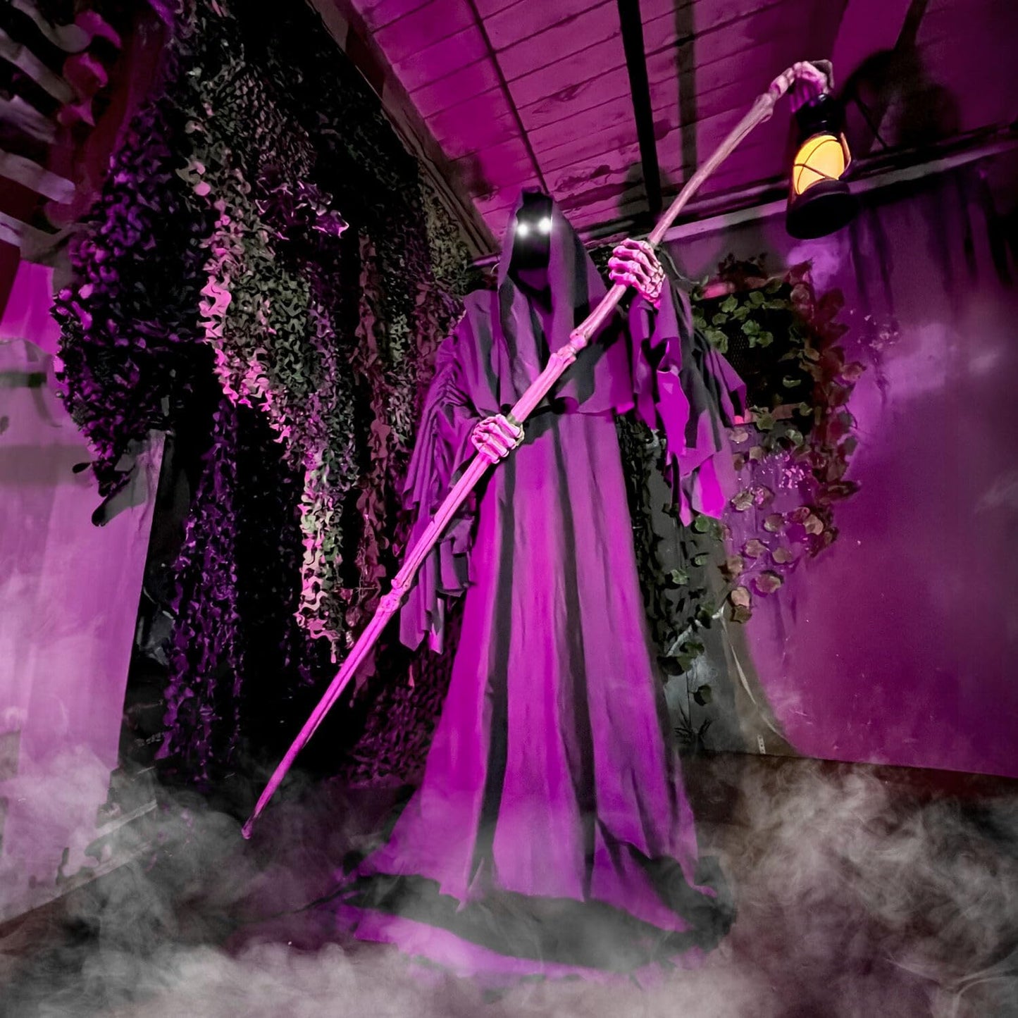 Motion-Activated 6-Ft. Tall Ghostly Guide, Plug-in Talking Scare Prop Animatronic with Spooky Sound Effects and Lights for Indoor or Covered Outdoor Creepy Halloween Decoration