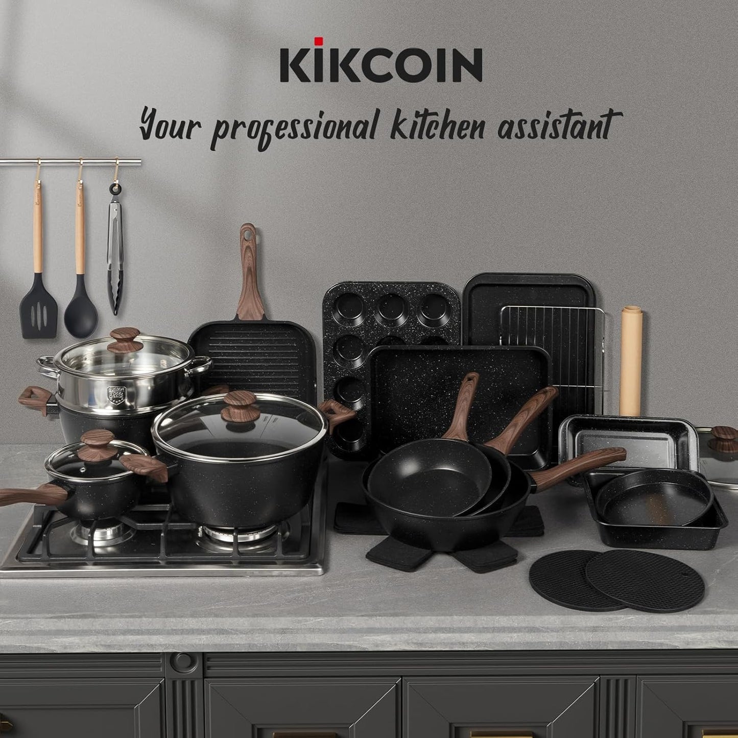 Pots and Pans Set Non Stick 31 Piece Kitchen Nonstick Cooking Cookware Sets with Grill Pan Saucepan Baking Sheet Utensil