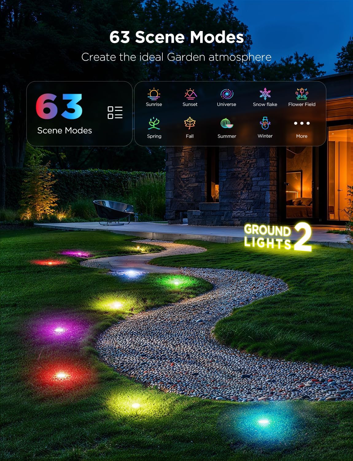Outdoor Ground Lights 2, 100ft for Patio Decorations, 30 Pack RGBIC Pathway