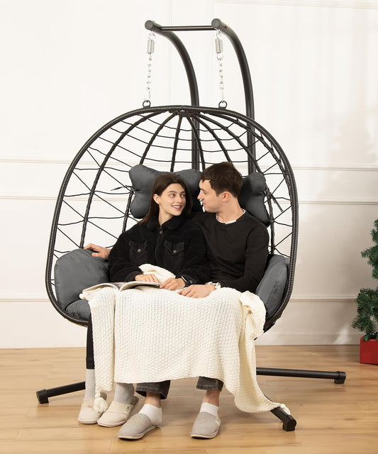 Egg Chair with Stand Hammock Swing Chair Foldable Hanging Loveseat, UV Resistant Removable Cushions, 700LBS Capacity for Bedroom, Balcony, Garden(BK-BL)